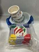 DECORATIVE TRIVETS, GLASS PIE PLATE & BOWLS