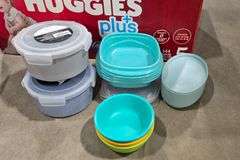BOX OF EPICURE POT, NEW SALAD BOWL WITH UTENSILS, FOOD STORAGE CONTAINERS, FRY PAN, CAN OPENER ETC