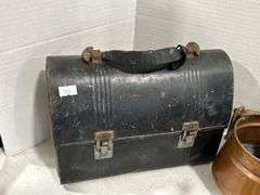 GROUP OF BRASS POTS, TEA KETTLE & LUNCH PAIL