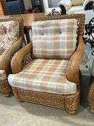 UPHOLSTERED WICKER CHAIR WITH OTTOMAN AND SIDE TABLE