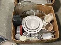 2 BOXES OF ROASTING PANS, COOKWARE ETC.