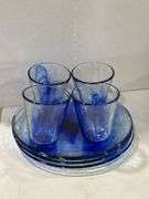 GROUP OF BLUE GLASS DISHES & GLASS HANDLED CUTLERY