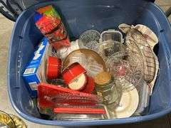 2 TOTES OF DISHES, TEA POT, PAPER TOWEL HOLDER, STRAWS ETC.