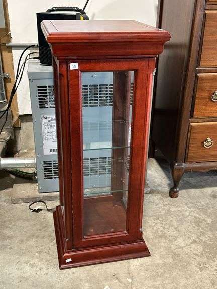 LIGHTED DISPLAY CABINET WITH TWO GLASS SHELVES 15"X15"X36"
