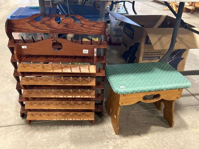 TWO WOODEN THREAD STORAGE RACKS AND FOOT STOOL - Shackelton Auctions Inc.