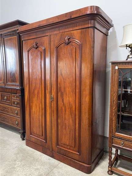 ANTIQUE MAHOGANY WARDROBE WITH GLASS SHELVES - 57"X24"X84"