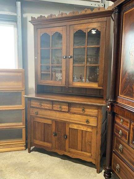TWO PIECE ANTIQUE CHERRY HUTCH - 52"X22"X90"