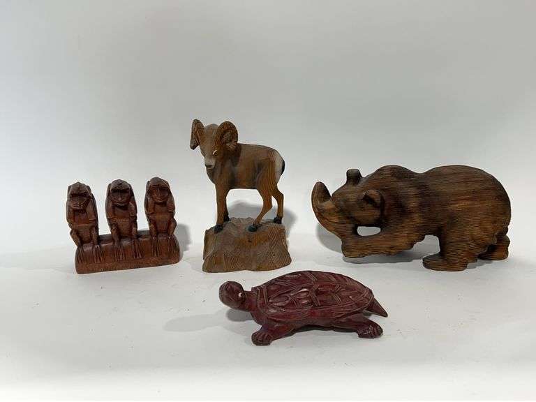 CARVED WOODEN ANIMAL FIGURES - TURTLE, RAM, BEAR AND MONKEYS ...