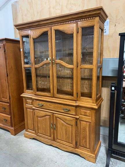 TWO PIECE LIGHTED OAK CHINA CABINET WITH TWO GLASS SHELVES - 52"X17"X76"