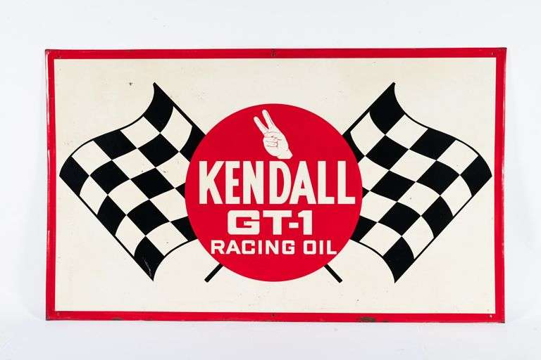 1968 KENDALL GT-1 RACING OIL EMBOSSED TIN SIGN - Shackelton Auctions Inc.