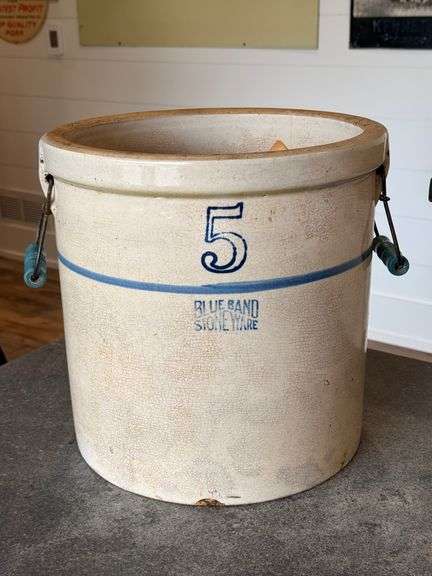 5-Gallon Blue Bank Stoneware Crock with wooden handles by A.D. Ruckle Pottery Co in White Hall, Ill