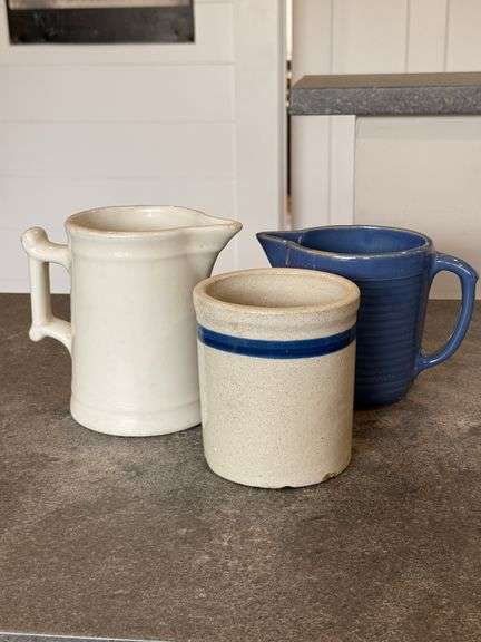 2- Stoneware pitchers and small crock
