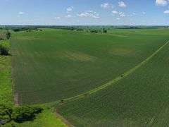 Drone view of 118.86 acres of farmland for sale in Floyd County, Iowa, showcasing expansive row crop fields and rural Iowa landscape under a clear sky.