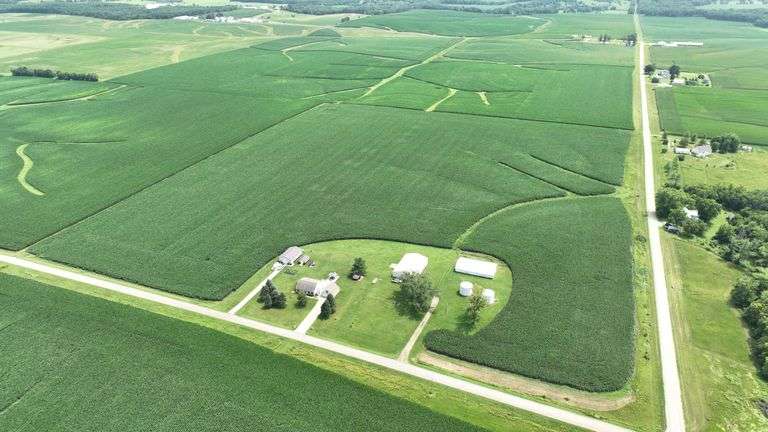 Aerial drone photograph of a 42-acre Washington County farmland tract for sale, showing lush row-crop fields plus two white machine sheds and two round grain bins along a paved road.