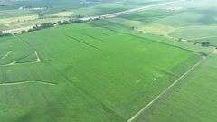 Aerial view of a 72-acre Washington County, Iowa row-crop field for sale—uniform green soybeans on gently rolling ground bordered by grass waterways and a nearby paved highway.