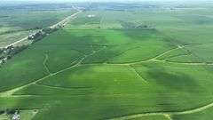 Aerial drone view of 70 contiguous acres of Washington County cropland for sale—lush soybean fields patterned with branching grass waterways and bordered by a tree-lined rail spur.
