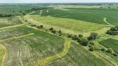 Aerial view of a 30-acre Washington County parcel for sale, featuring a central grassland plateau bordered by lush row-crop fields, scattered trees, and rolling farmland.