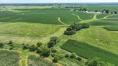 Aerial view of a 30-acre Washington County parcel for sale, featuring a central grassland plateau bordered by lush row-crop fields, scattered trees, and rolling farmland.