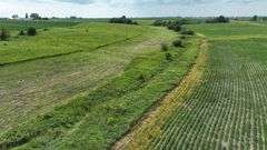 Low-elevation drone view of a 27-acre Washington County, Iowa parcel for sale, showing rolling grassland, a brush-lined drainage swale, and emerging soybean rows along one edge.