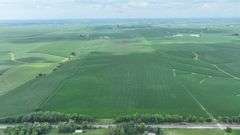 Aerial view of a 72-acre Washington County, Iowa row-crop field for sale—uniform green soybeans on gently rolling ground bordered by grass waterways and a nearby paved highway.