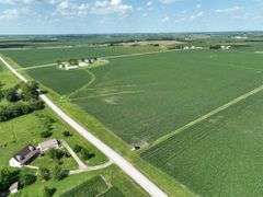 Aerial drone photograph of a 42-acre Washington County farmland tract for sale, showing lush row-crop fields plus two white machine sheds and two round grain bins along a paved road.