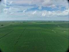 Wide drone view of expansive, uniform soybean fields in Washington County, Iowa—72 acres of contiguous cropland stretching toward a distant highway and rolling farmland.