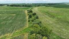 Aerial view of a 30-acre Washington County parcel for sale, featuring a central grassland plateau bordered by lush row-crop fields, scattered trees, and rolling farmland.