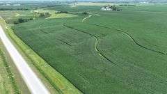 High-elevation drone view of rolling Washington County cornfields with sweeping contour rows and a distant farmstead—part of a 106-acre tract for sale.