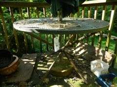 Wrought Iron Table with Concrete Base & Umbrella