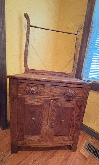 Oak Wash Table W/ Towel Rack 27” X 16” X 55”
