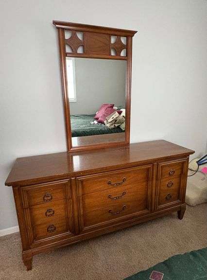 Nine Drawer Dresser With Mirror 64” X 19” X 32” (77 Inches With Mirror)