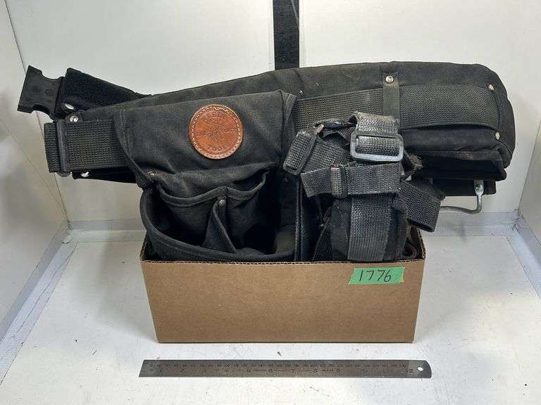 Box w/ Klein canvas tool pouch, over shoulder support for tool pouch