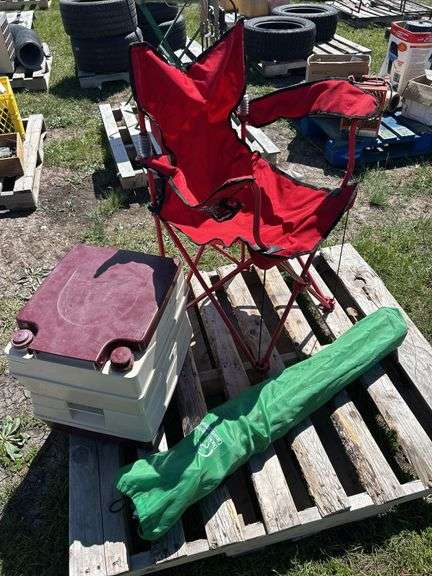 1 - Master Craft Camp Toilet, 1 - Red folding Camp CHair, Green Folding Camp Chair w/ bag *Unreserved*