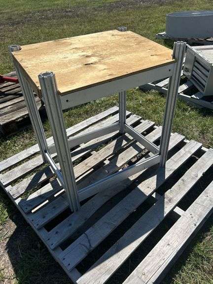 Aluminum Frame work table w/ angle wood top, approx 30"x21"x27", *Unreserved*