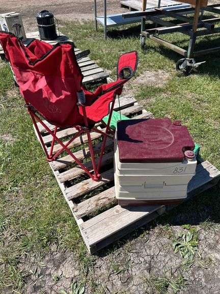 1 - Master Craft Camp Toilet, 1 - Red folding Camp CHair, Green Folding Camp Chair w/ bag *Unreserved*