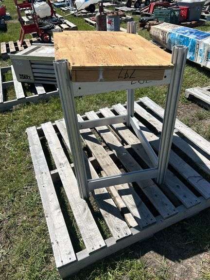 Aluminum Frame work table w/ angle wood top, approx 30"x21"x27", *Unreserved*