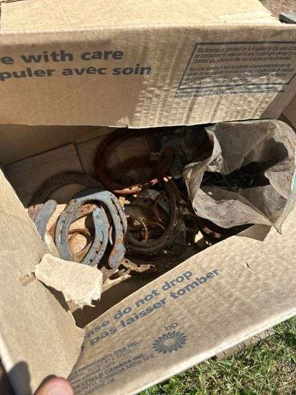Box of Horseshoes & nails, box of assorted irrigation fittings, PFist 1" gas water pump 40gpm 2 stroke, *Unreserved*