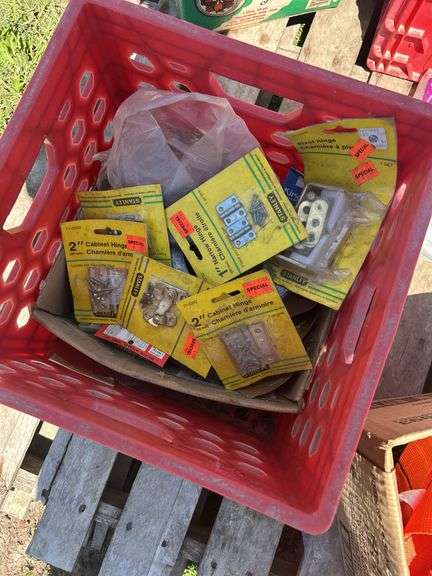 Box of Orange Safety Straps, Vest & 2 - Ratchets, Crate of misc Cabinet Hinge Sets  1-2'' Approx. 12 packs, Crate of Approx. 12 - rubber cabinet Wheels 5'' *Unreserved*