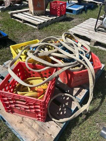 3 crates w/ assorted slings, ropes, straps, ratchet straps, *Unreserved*