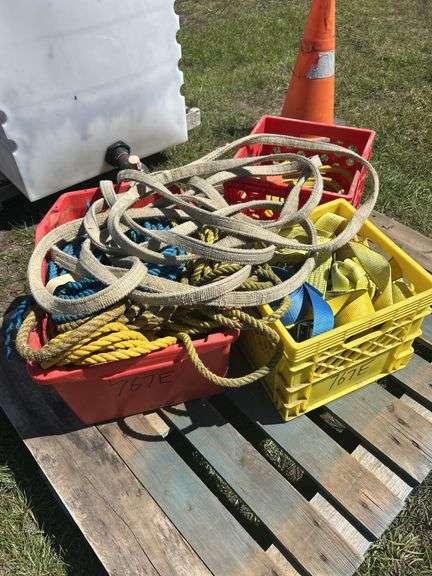 3 crates w/ assorted slings, ropes, straps, ratchet straps, *Unreserved*