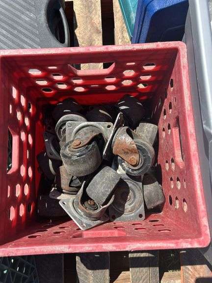 4 Tool carry cases, (Pioneer, Makita, Skil,), Tote of assorted tarps, crate w/ approx 16 3" swivel roller wheels,, crate w/ 10' swivel roller wheels, *Unreserved*
