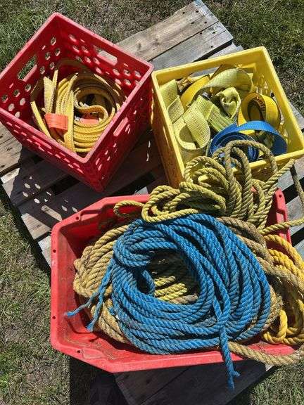 3 crates w/ assorted slings, ropes, straps, ratchet straps, *Unreserved*
