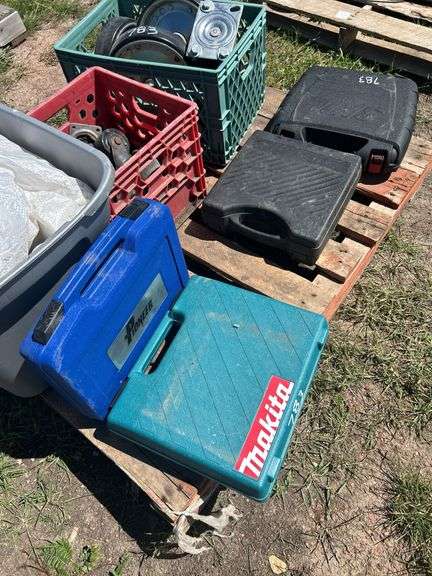 4 Tool carry cases, (Pioneer, Makita, Skil,), Tote of assorted tarps, crate w/ approx 16 3" swivel roller wheels,, crate w/ 10' swivel roller wheels, *Unreserved*