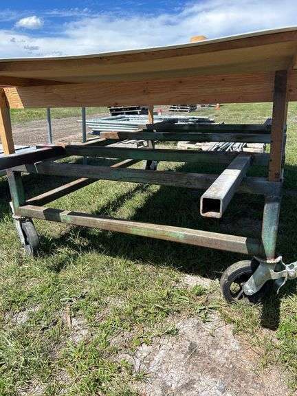 Homebuilt 2'' x 2'' Steel Rolling Frame w/ 8'' Swivel Wheels, 96'' x 48'' x wood top, 2 - 60'' Check Plates 24'' & 28'' *Unreserved*