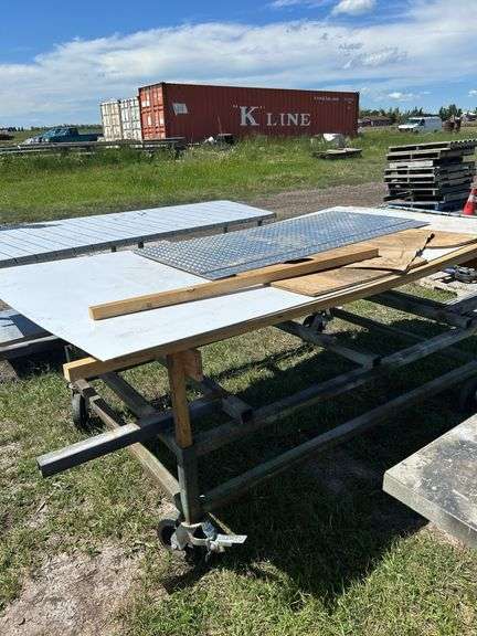 Homebuilt 2'' x 2'' Steel Rolling Frame w/ 8'' Swivel Wheels, 96'' x 48'' x wood top, 2 - 60'' Check Plates 24'' & 28'' *Unreserved*