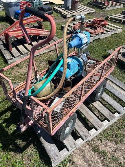 Metal cart w/ tires, Inc Burcam 115v pump model 50654255, Crescent, vice grip, hose, 1" camlock, *Unreserved*