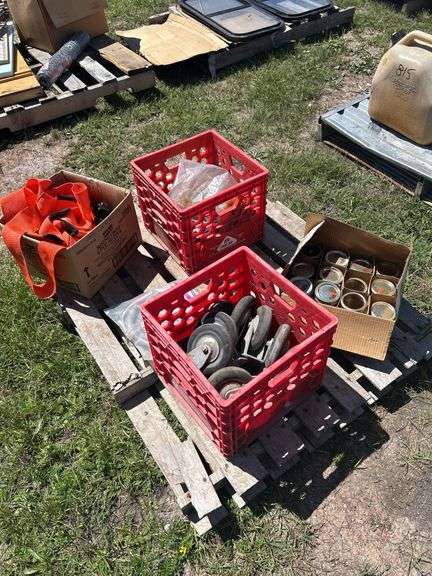 Box of Orange Safety Straps, Vest & 2 - Ratchets, Crate of misc Cabinet Hinge Sets  1-2'' Approx. 12 packs, Crate of Approx. 12 - rubber cabinet Wheels 5'' *Unreserved*