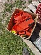 Box of Orange Safety Straps, Vest & 2 - Ratchets, Crate of misc Cabinet Hinge Sets  1-2'' Approx. 12 packs, Crate of Approx. 12 - rubber cabinet Wheels 5'' *Unreserved*