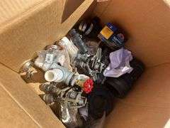 Box of Horseshoes & nails, box of assorted irrigation fittings, PFist 1" gas water pump 40gpm 2 stroke, *Unreserved*