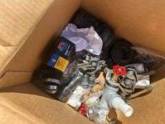 Box of Horseshoes & nails, box of assorted irrigation fittings, PFist 1" gas water pump 40gpm 2 stroke, *Unreserved*